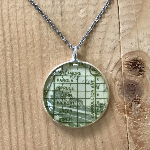 Uptown Map Necklace in Green by Emily McDonald | Silver plated copper, epoxy resin, vintage map, stainless steel chain Uptown Map Necklace in Green